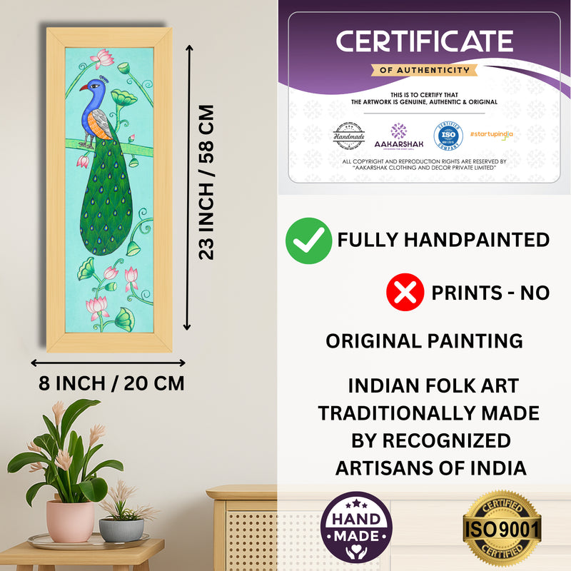 Framed artwork with dimensions, authenticity certificate and handmade iso certified-peacock pichwai painting