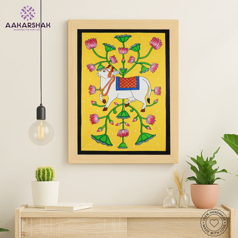 Handmade Pichwai Cow Painting Framed 17x24 Inch Wall Art