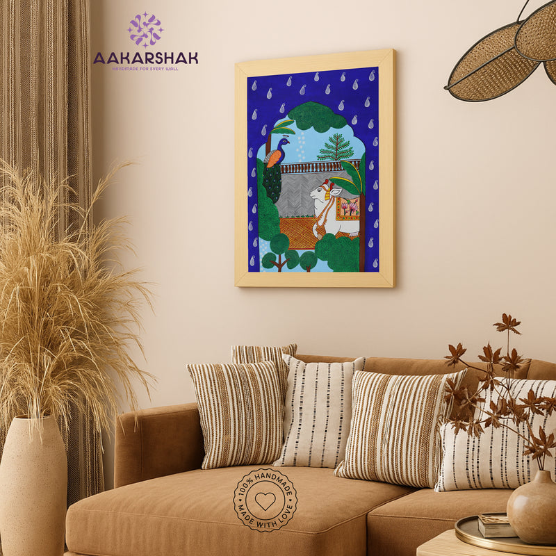 Handmade Pichwai Cow Peacock Jharokha Painting Framed 17x24 Inch Wall Art