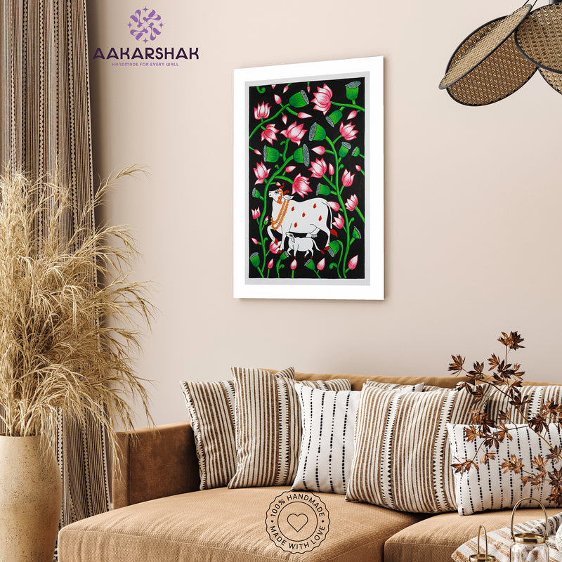 Handmade Pichwai Cow Painting Framed 17x24 Inch Wall Art