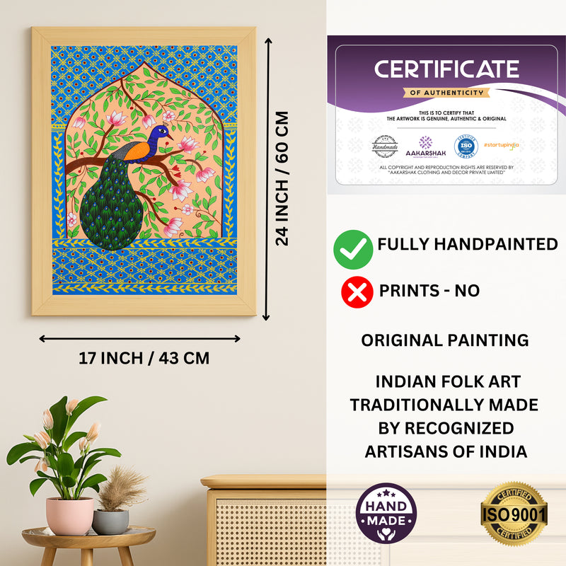 Handmade Pichwai Peacock Painting Framed 17x24 Inch Wall Art