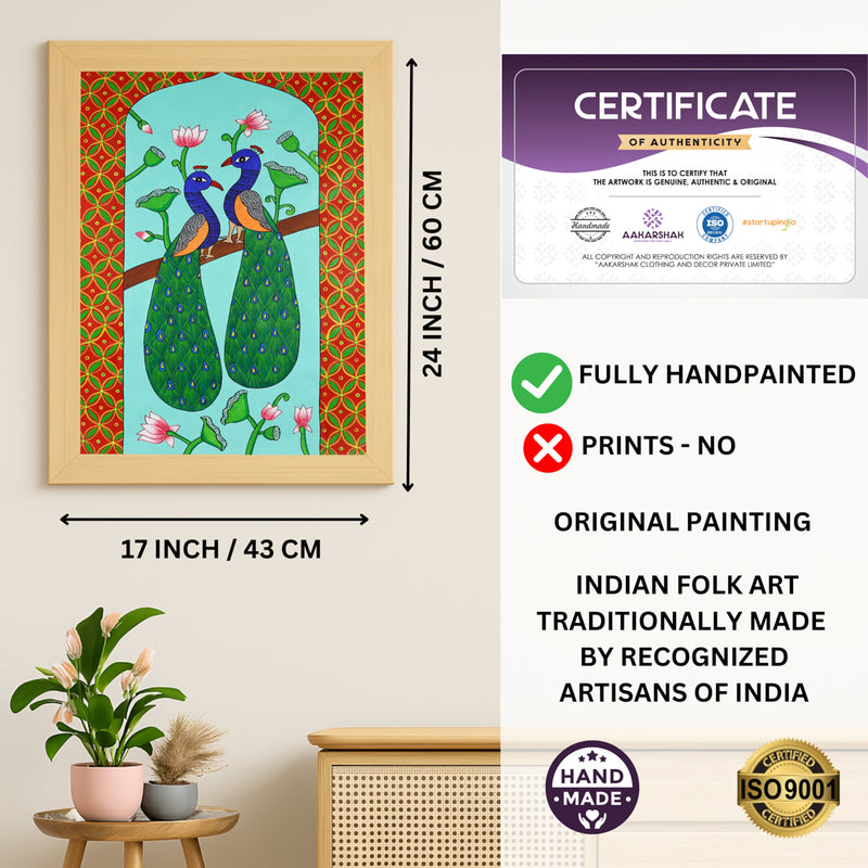 Handmade Pichwai Peacock Painting Framed 17x24 Inch Wall Art