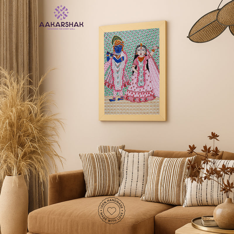 Handmade Pichwai Radha Krishna Painting Framed 17x24 Inch Wall Art