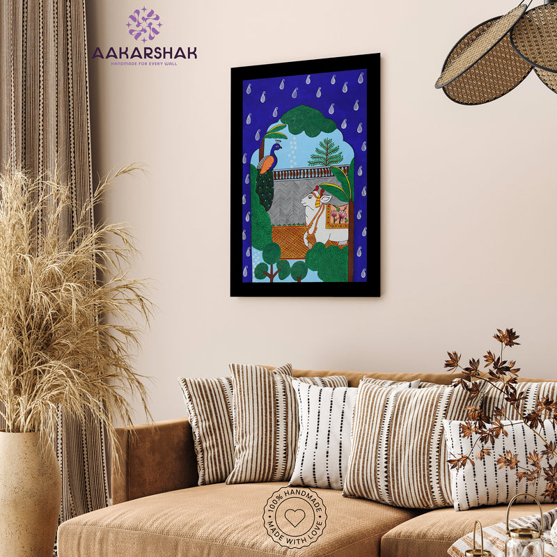 Handmade Pichwai Cow Peacock Jharokha Painting Framed 17x24 Inch Wall Art