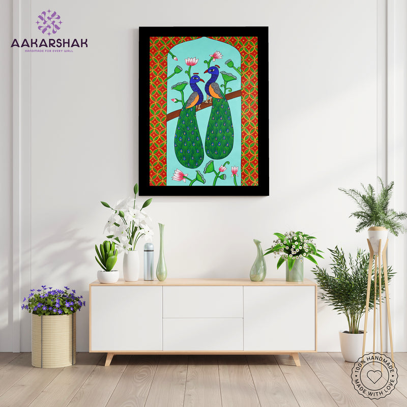 Handmade Pichwai Peacock Painting Framed 17x24 Inch Wall Art