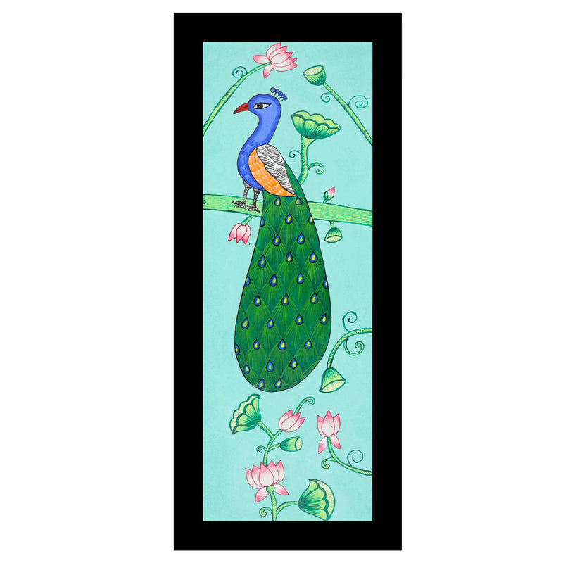 Framed artwork of a colorful peacock-with handmade pichwai painting