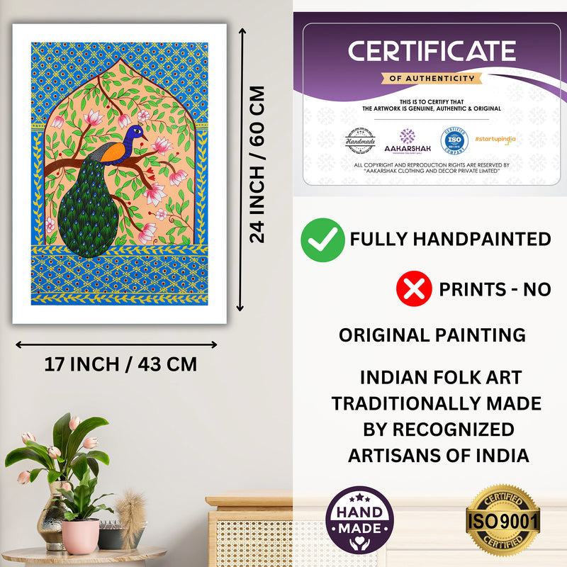 Handmade Pichwai Peacock Painting Framed 17x24 Inch Wall Art