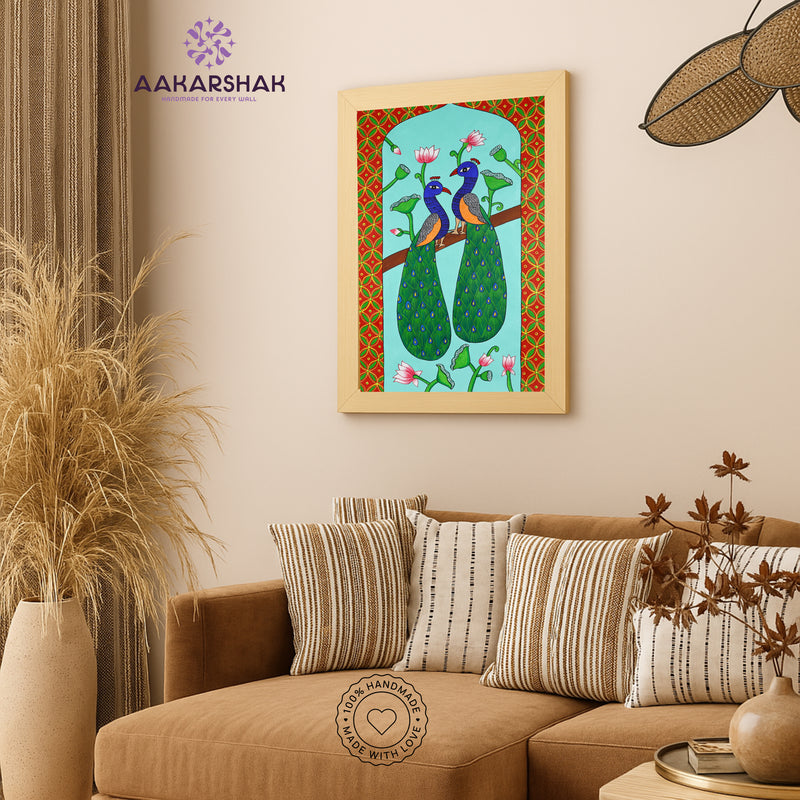 Handmade Pichwai Peacock Painting Framed 17x24 Inch Wall Art
