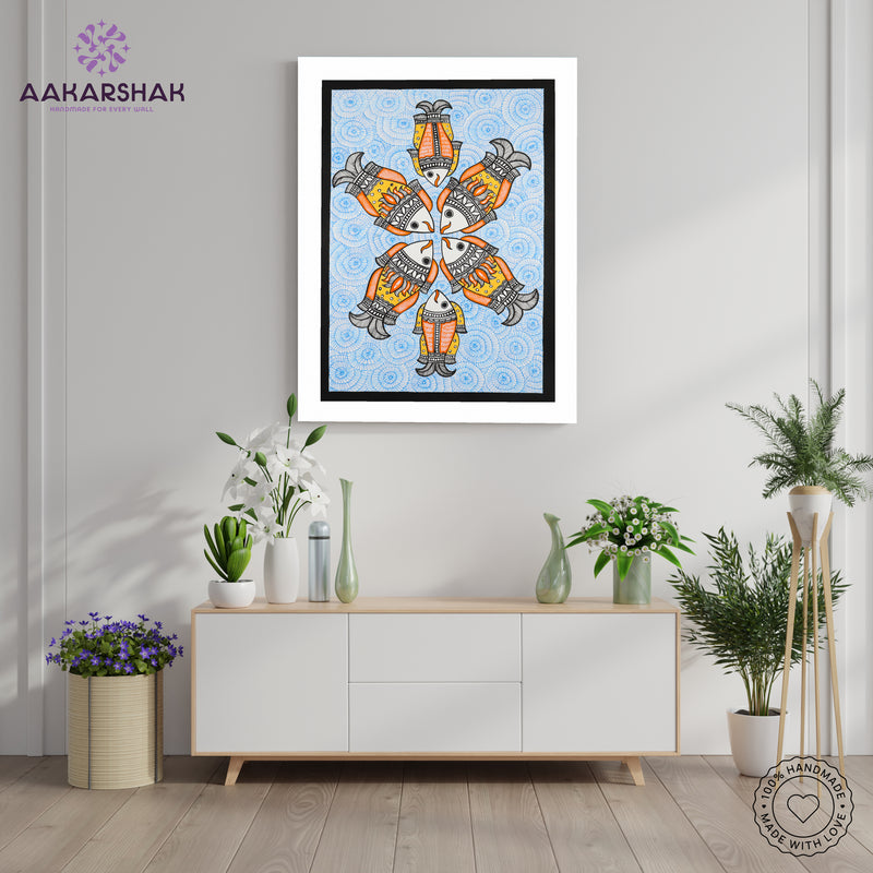 Handmade Madhubani art Fish Painting Framed Indian Wall Decor 17x24 Inch