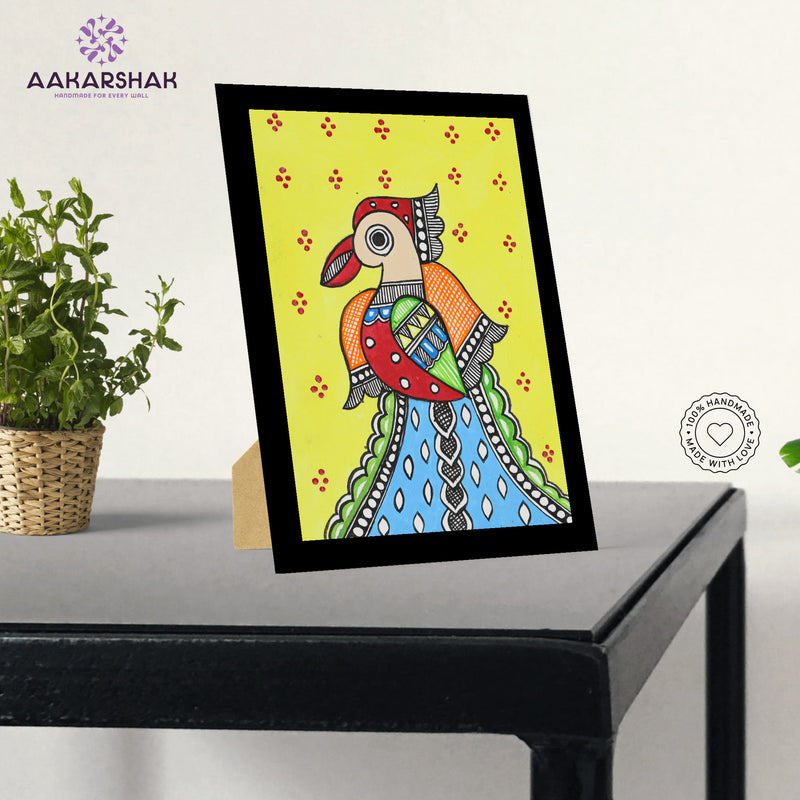 Handmade Madhubani Peacock Painting 6x8 Inch Framed Indian Wall Decor