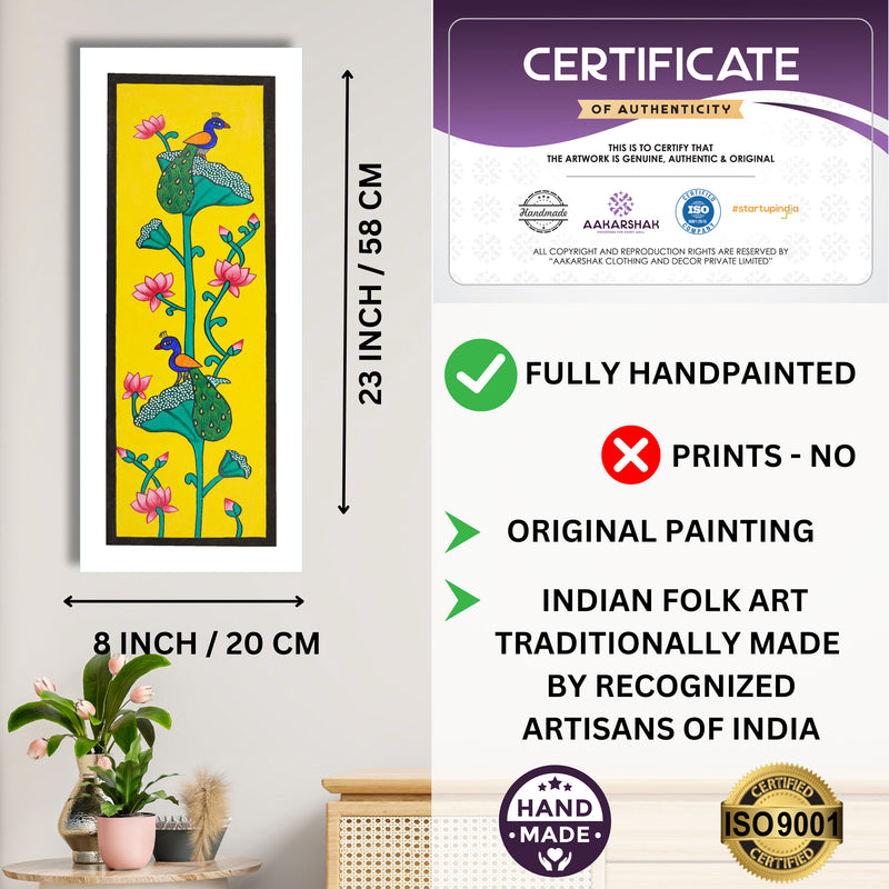 Framed artwork with dimensions, authenticity certificate and handmade iso certified-peacock pichwai painting