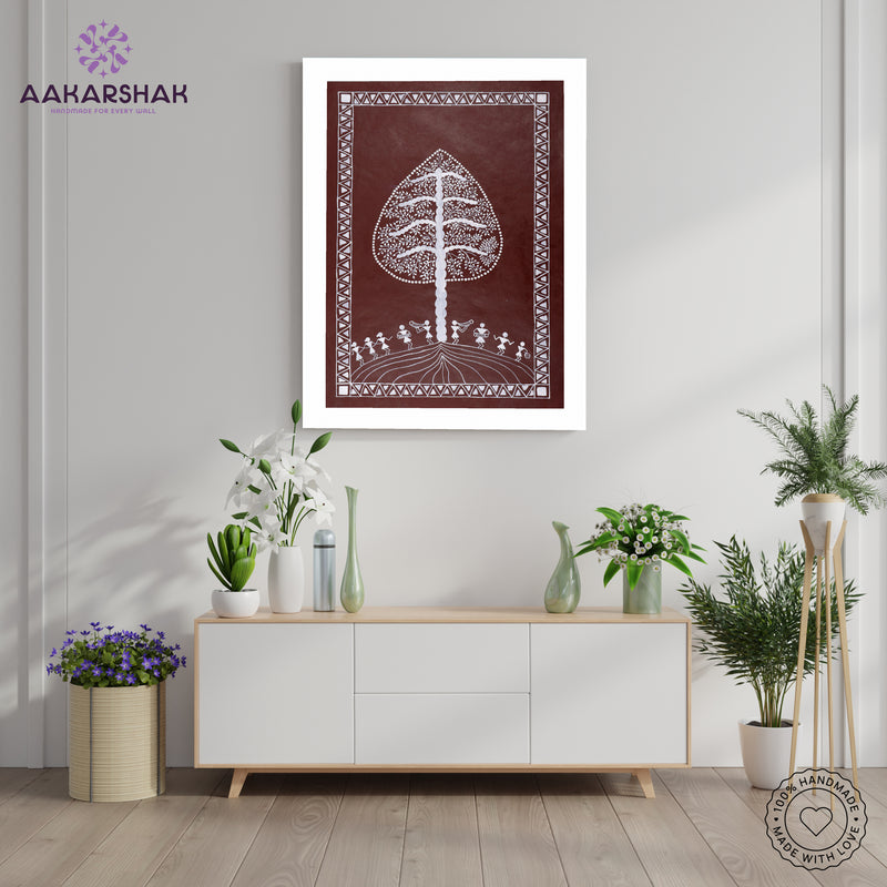 Handmade Warli Tree Painting 17x24 Inch Framed Tribal Art