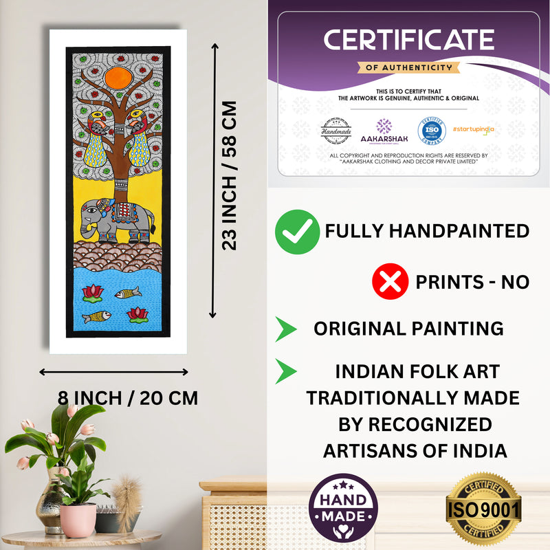 Framed artwork with dimensions, authenticity certificate and handmade iso certified-elephant madhubani painting