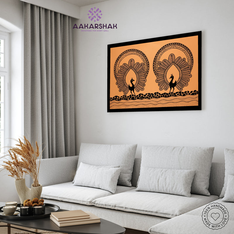 Handmade Warli Peacock Painting 17x24 Inch Framed Tribal Art
