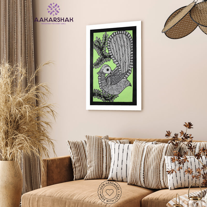 Handmade Madhubani art Peacock Painting Framed Indian Wall Decor 17x24 Inch