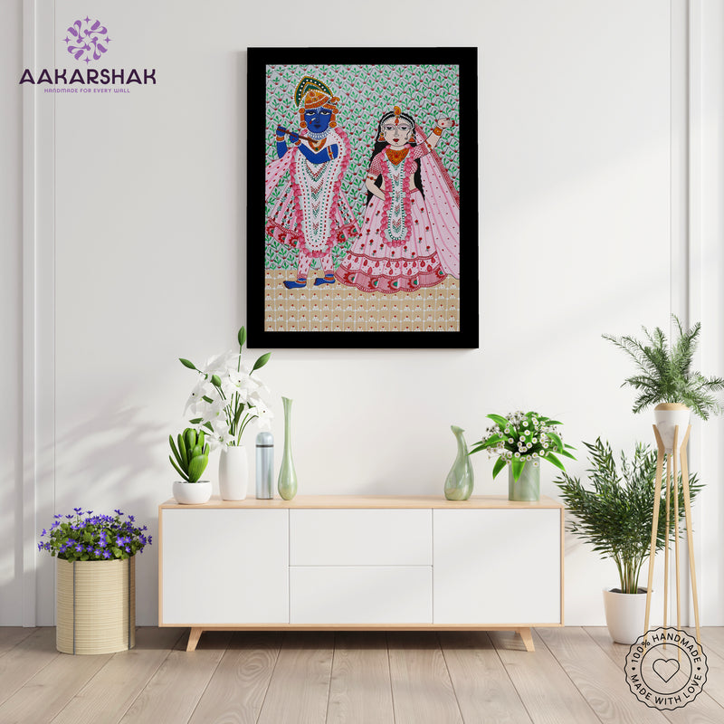Handmade Pichwai Radha Krishna Painting Framed 17x24 Inch Wall Art