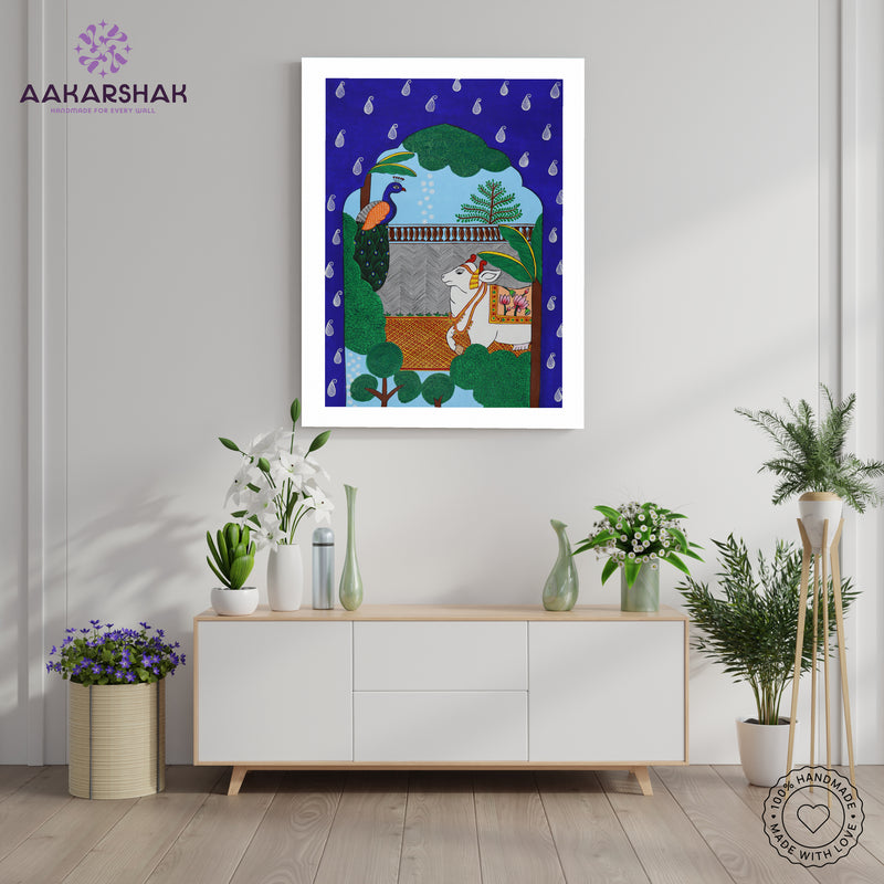 Handmade Pichwai Cow Peacock Jharokha Painting Framed 17x24 Inch Wall Art