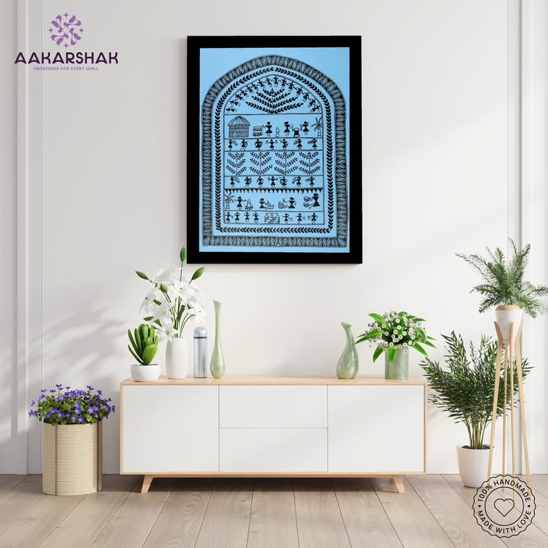 Handmade Warli Village Painting 17x24 Inch Framed Tribal Art