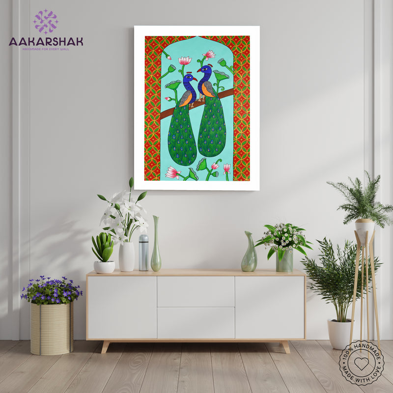 Handmade Pichwai Peacock Painting Framed 17x24 Inch Wall Art