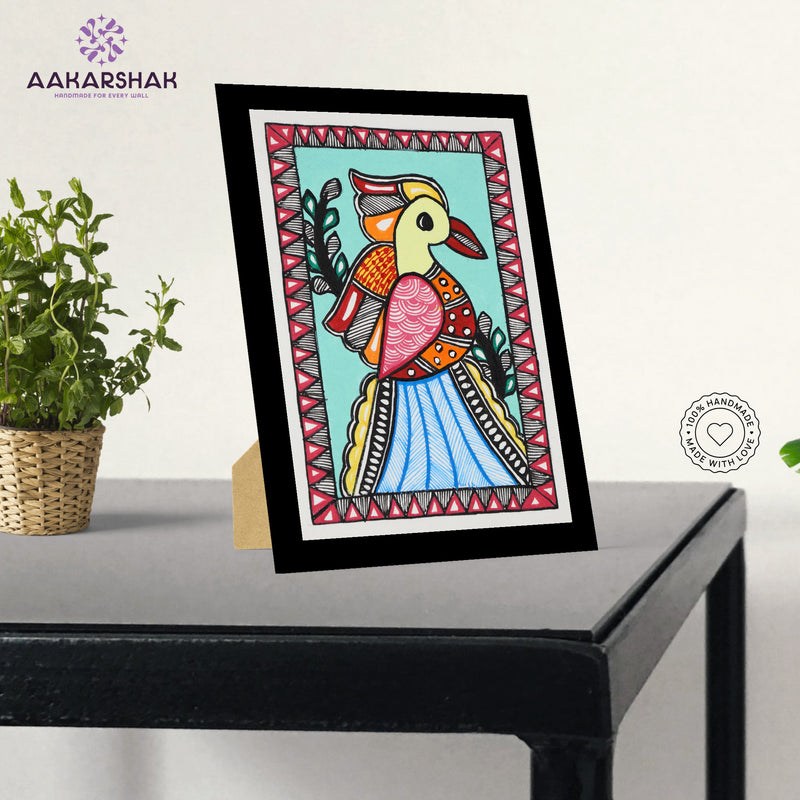 Handmade Madhubani Peacock Painting 6x8 Inch Framed Indian Wall Decor