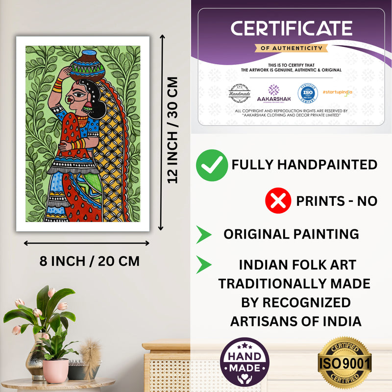 Handmade Madhubani Lady Painting 8x12 Inch Framed Indian Wall Decor