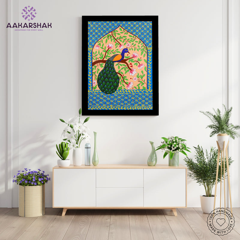 Handmade Pichwai Peacock Painting Framed 17x24 Inch Wall Art