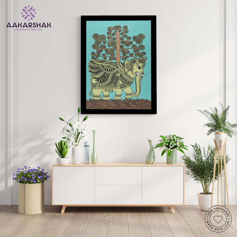 Handmade Kalamkari Elephant Painting Framed 17x24 Inch Wall Art
