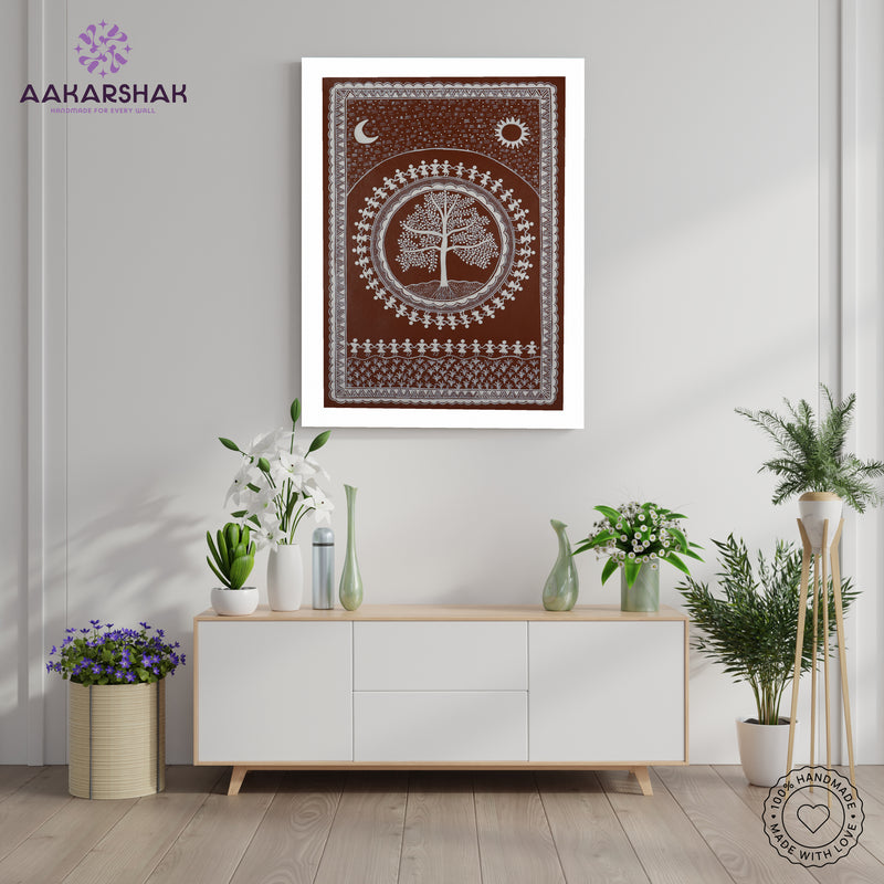 Handmade Warli Tree Painting 17x24 Inch Framed Tribal Art