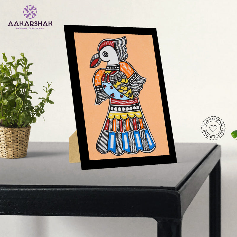 Handmade Madhubani Peacock Painting 6x8 Inch Framed Indian Wall Decor