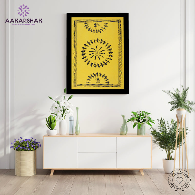 Handmade Warli Dancing Painting 17x24 Inch Framed Tribal Art