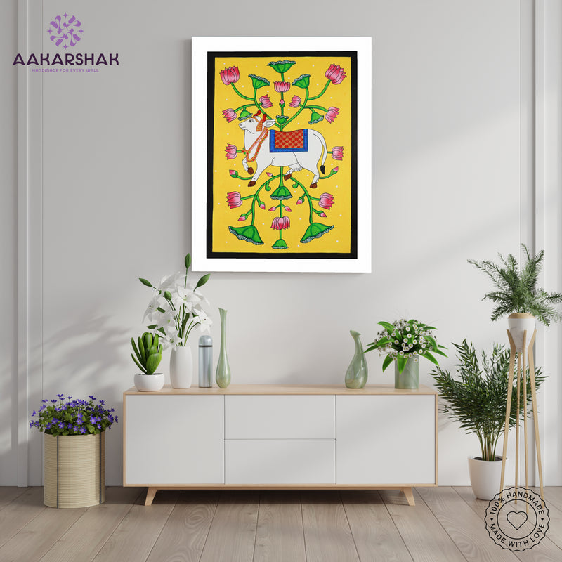 Handmade Pichwai Cow Painting Framed 17x24 Inch Wall Art