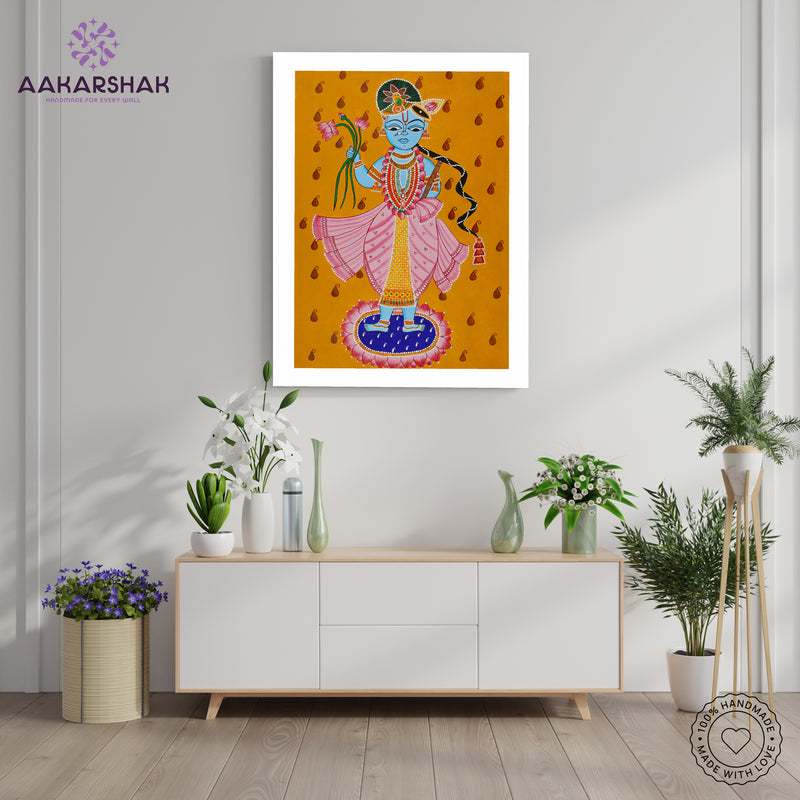 Handmade Pichwai Krishna Painting Framed 17x24 Inch Wall Art
