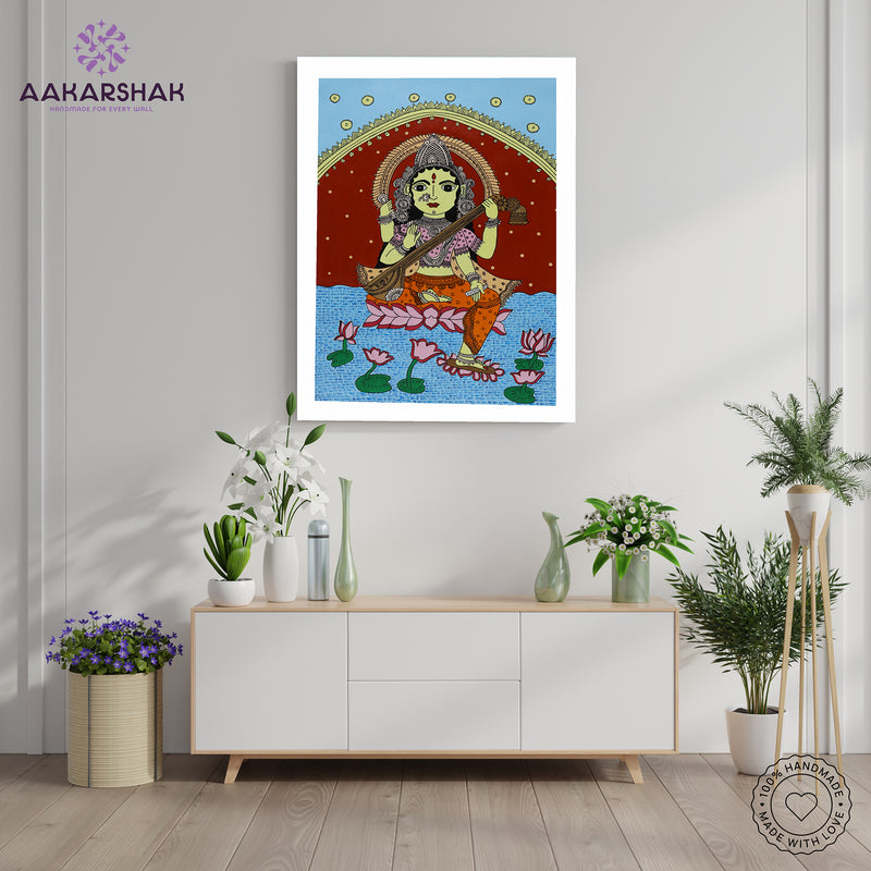 Handmade Kalamkari Saraswati Painting 17x24 Inch Wall Art