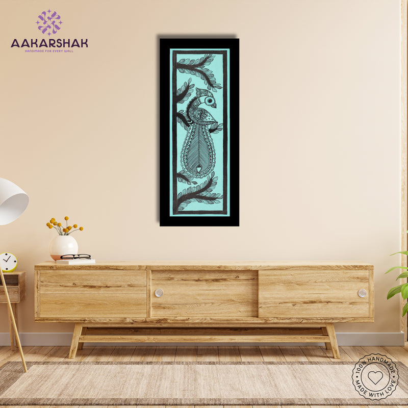 Framed artwork with peacock design -handmade madhubani painting for home decor