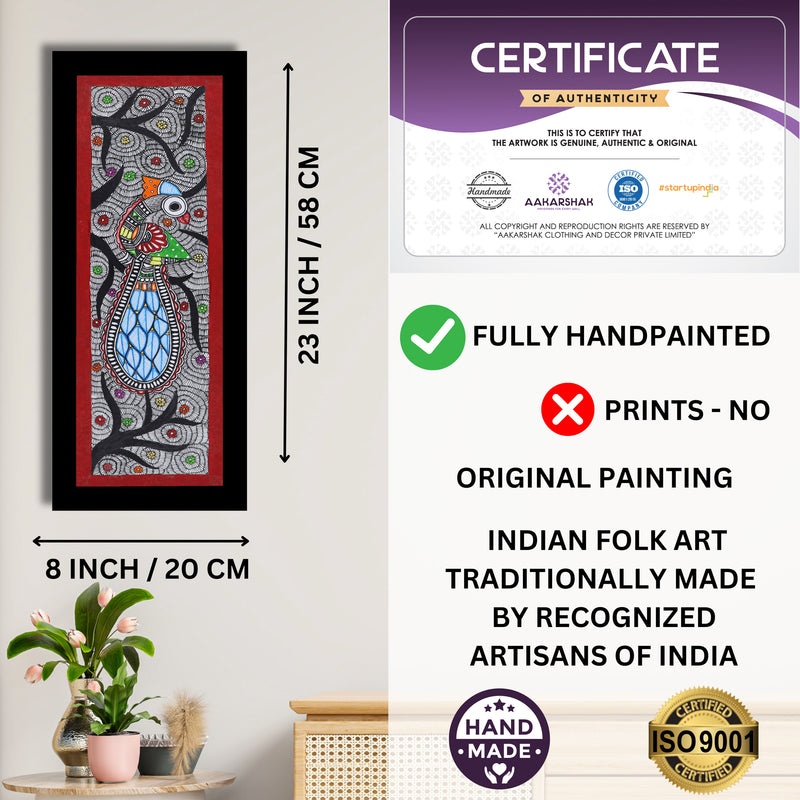 Framed artwork with dimensions, authenticity certificate and handmade iso certified-peacock madhubani painting