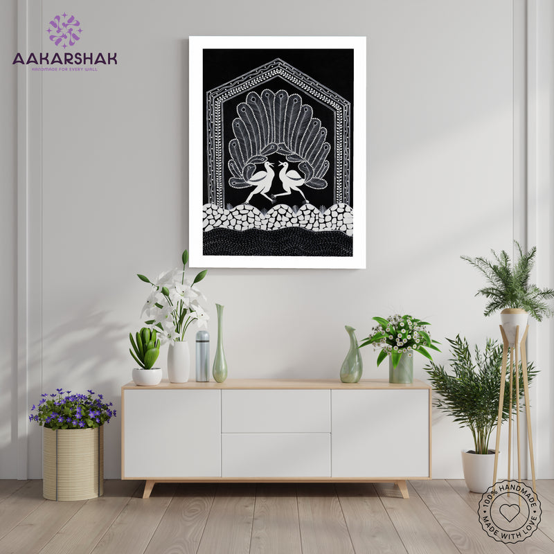 Handmade Warli Peacock Painting 17x24 Inch Framed Tribal Art