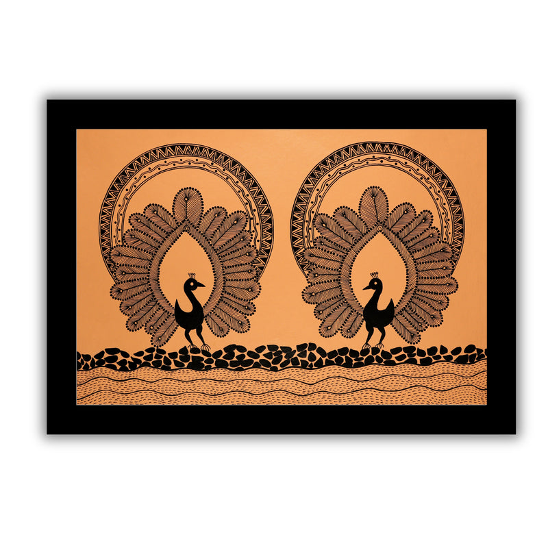 Handmade Warli Peacock Painting 17x24 Inch Framed Tribal Art