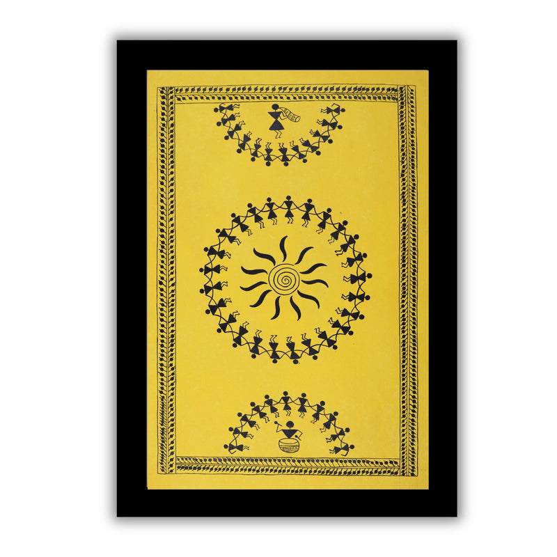 Handmade Warli Dancing Painting 17x24 Inch Framed Tribal Art