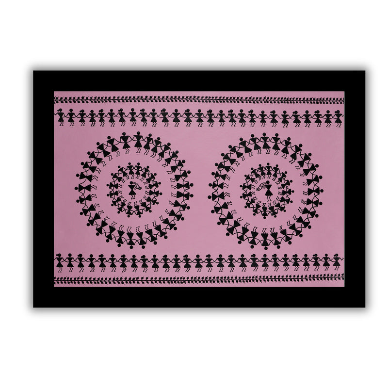 Handmade Warli Dancing Painting 17x24 Inch Framed Tribal Art