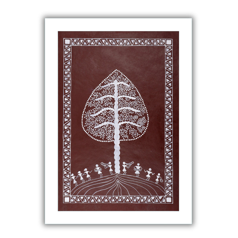 Handmade Warli Tree Painting 17x24 Inch Framed Tribal Art