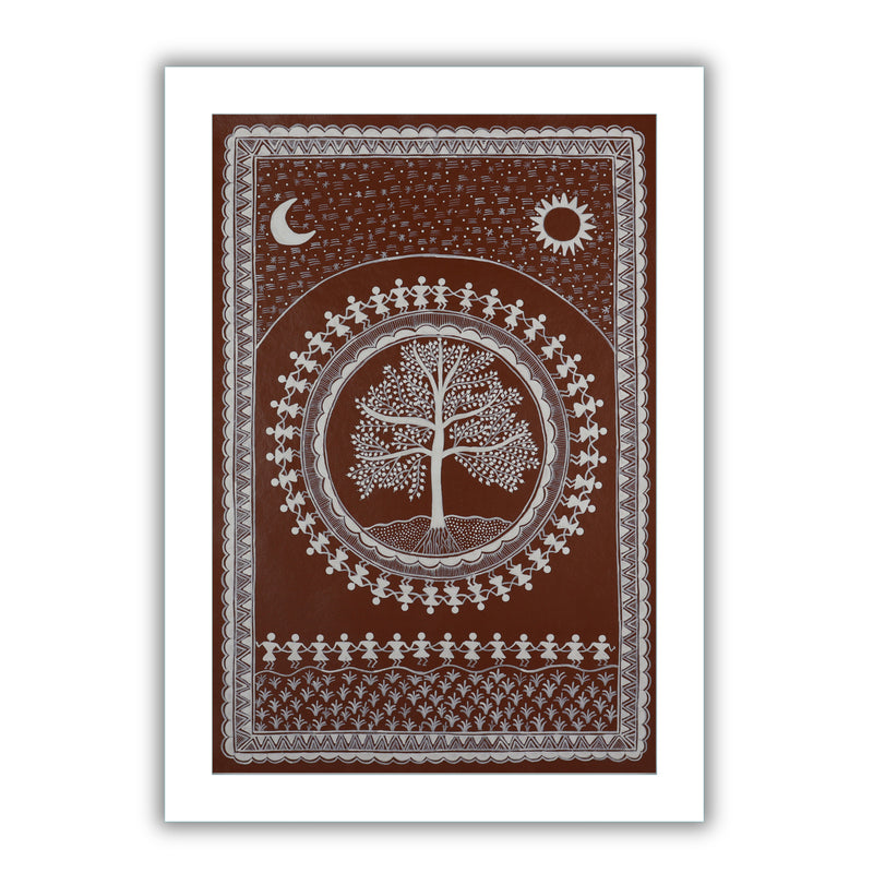 Handmade Warli Tree Painting 17x24 Inch Framed Tribal Art