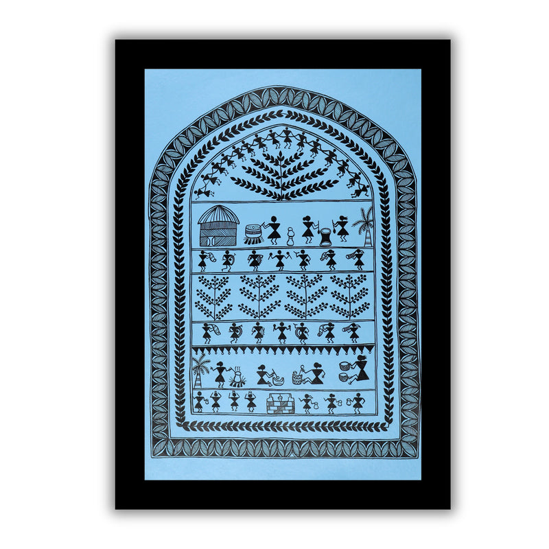 Handmade Warli Village Painting 17x24 Inch Framed Tribal Art