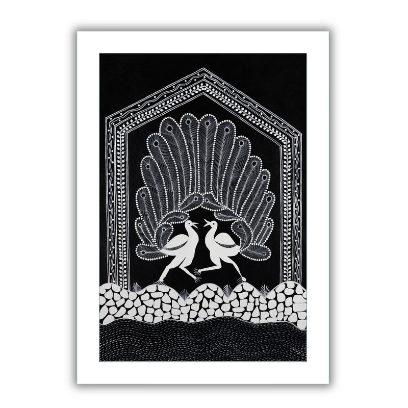 Handmade Warli Peacock Painting 17x24 Inch Framed Tribal Art