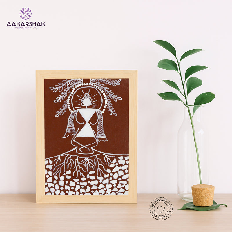Handmade warli buddha painting-with tabletop stand for home