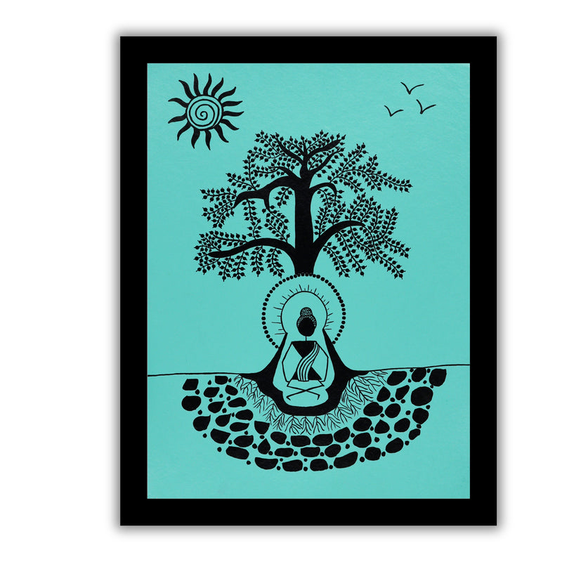 black buddha design on a green background with handmade warli painting