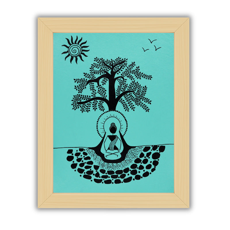black buddha design on a green background with handmade warli painting