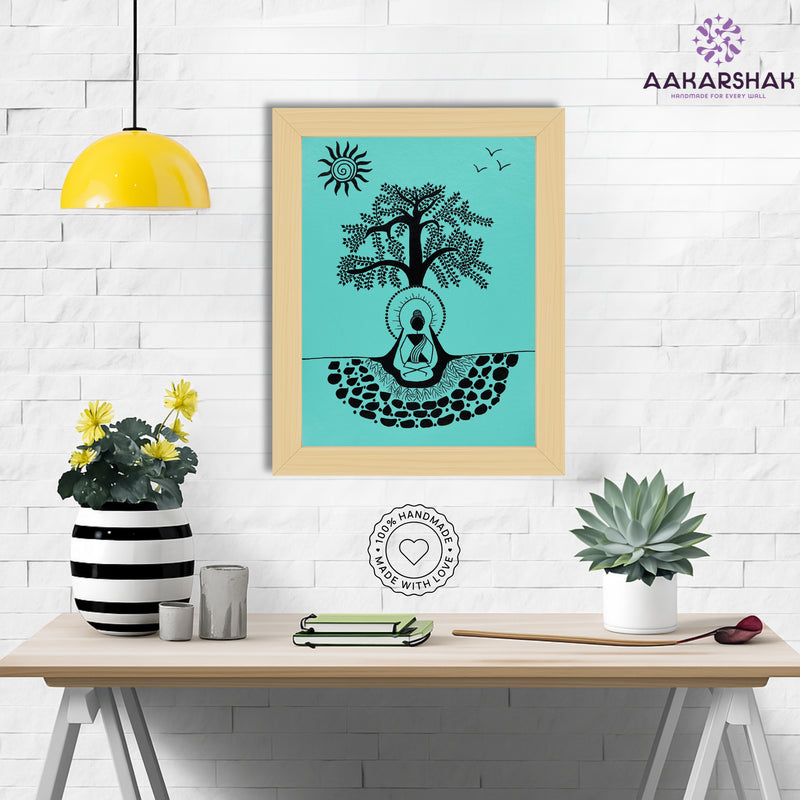 Framed artwork with black buddha design on a green background-handmade warli painting for home