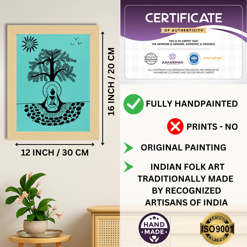 Framed artwork with dimensions, authenticity certificate and handmade iso certified-buddha warli painting
