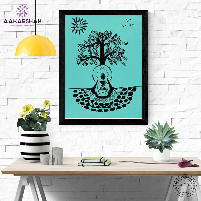 Framed artwork with black buddha design on a green background-handmade warli painting for home