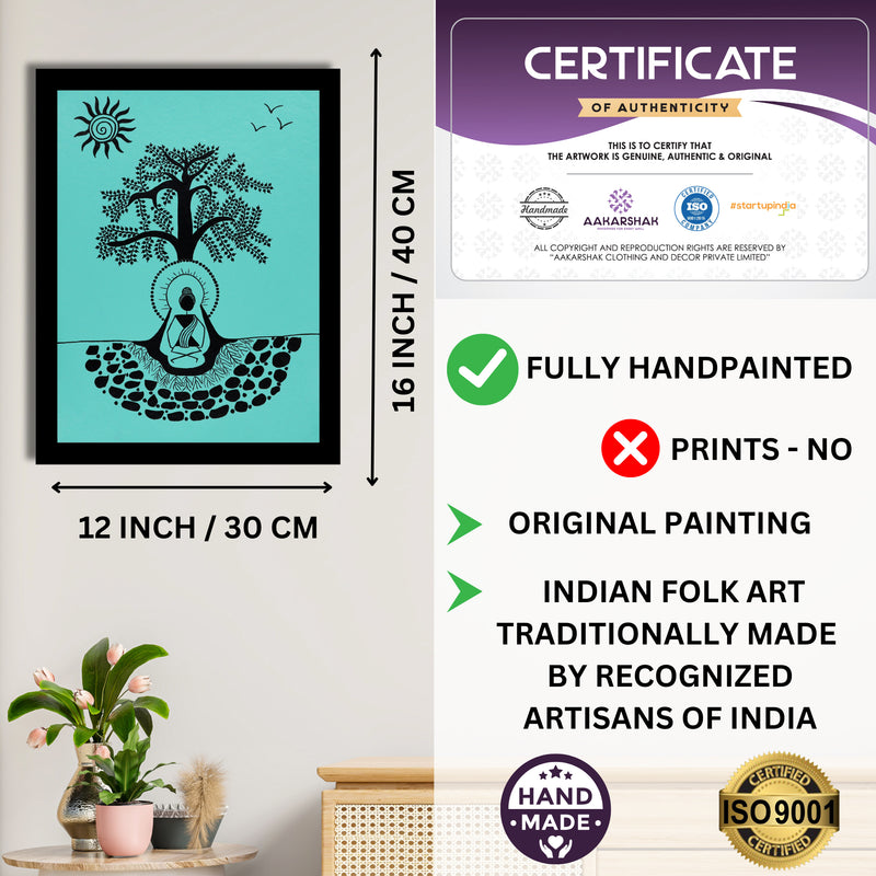 Framed artwork with dimensions, authenticity certificate and handmade iso certified-buddha warli painting